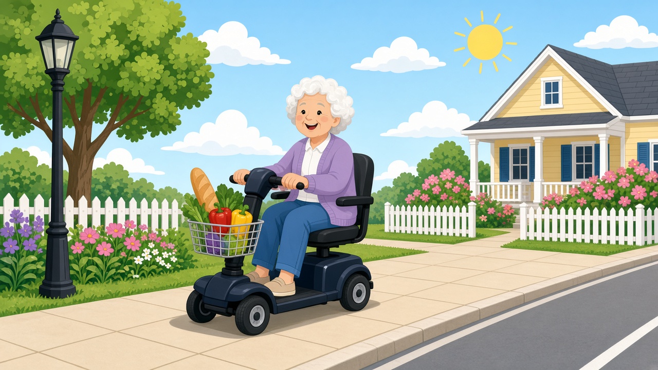 An older woman riding a compact mobility scooter with a grocery basket on a neighborhood sidewalk