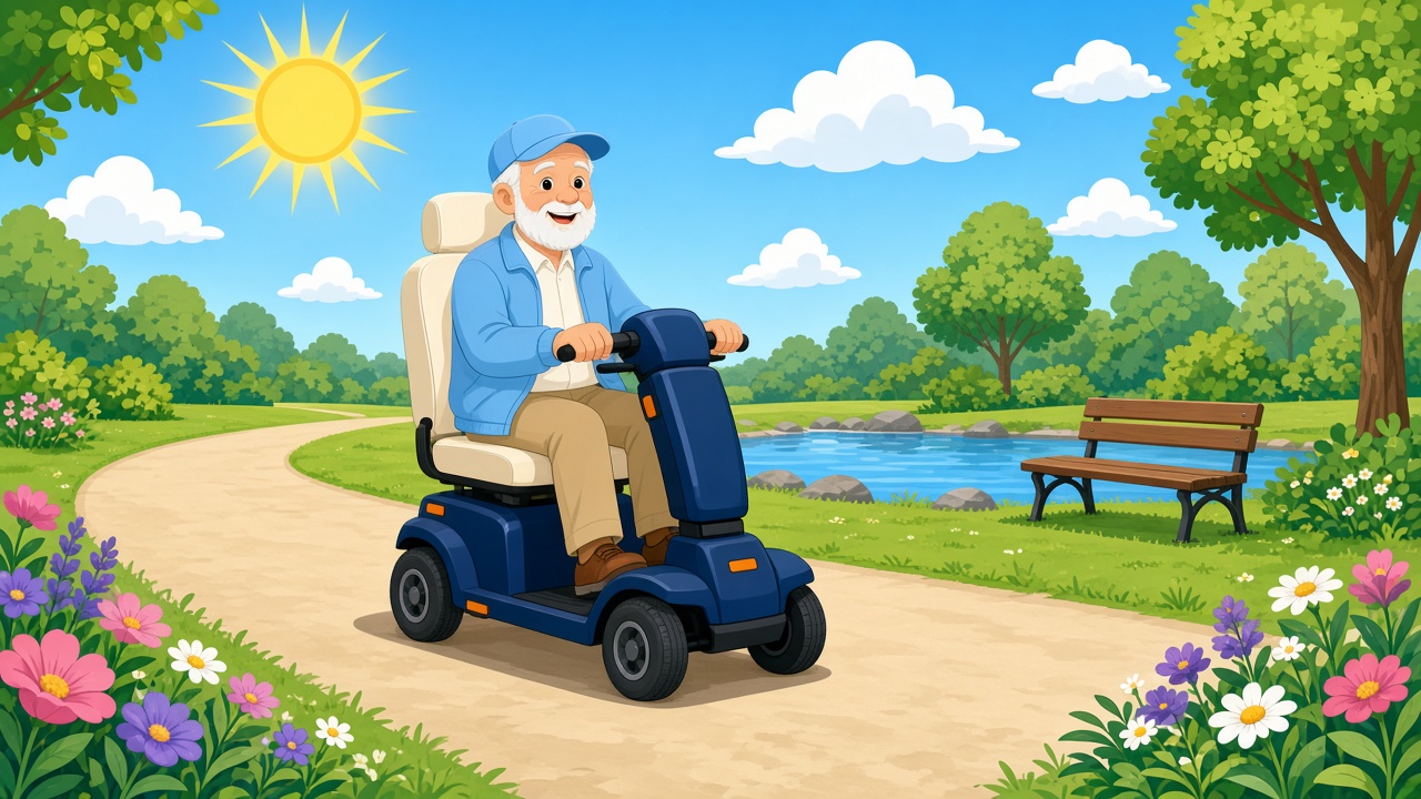 An older adult riding a compact four-wheel mobility scooter on a sunny park path